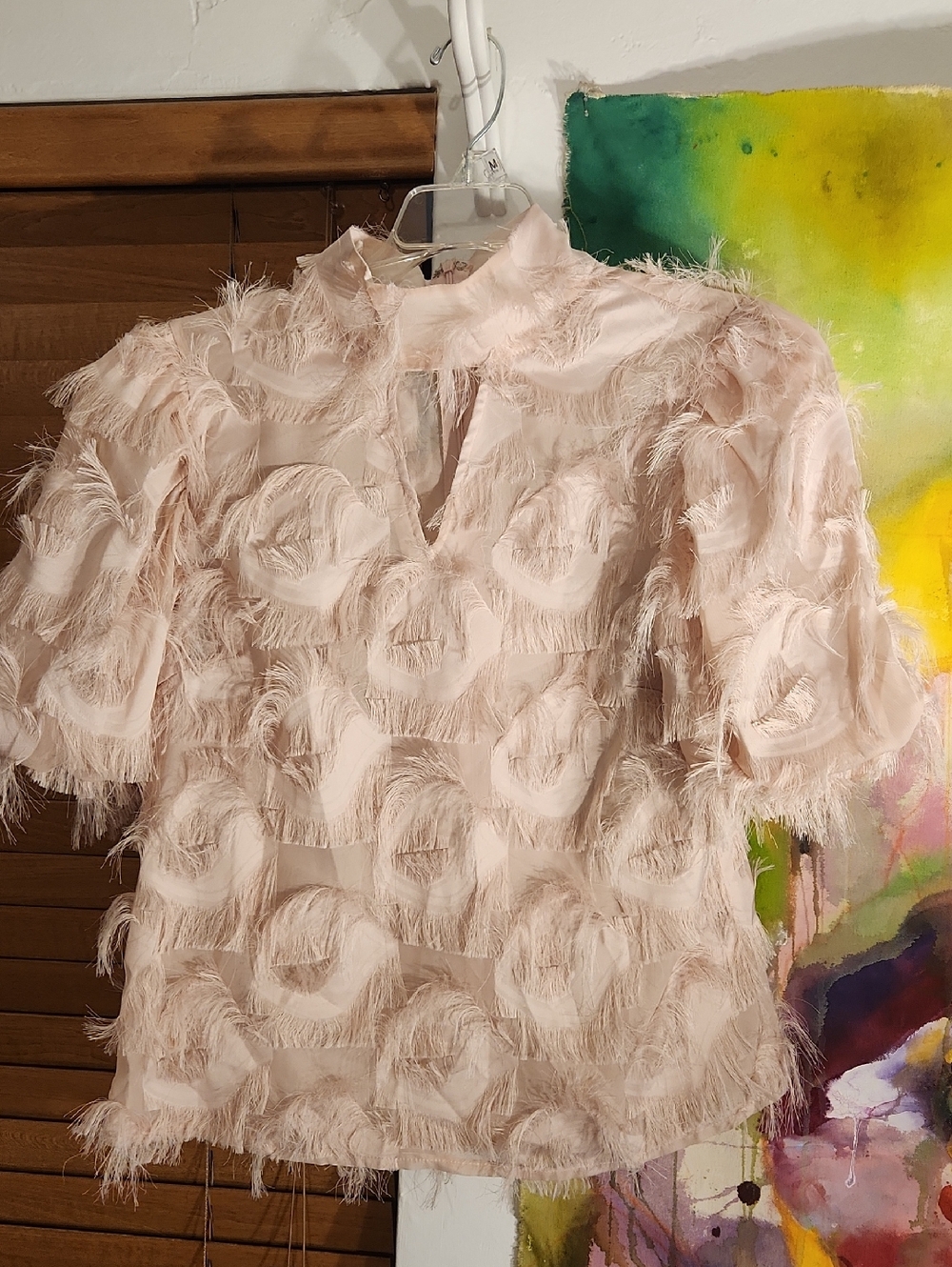 Women’s Blush Pink Feather-Detail Short Sleeve Blouse